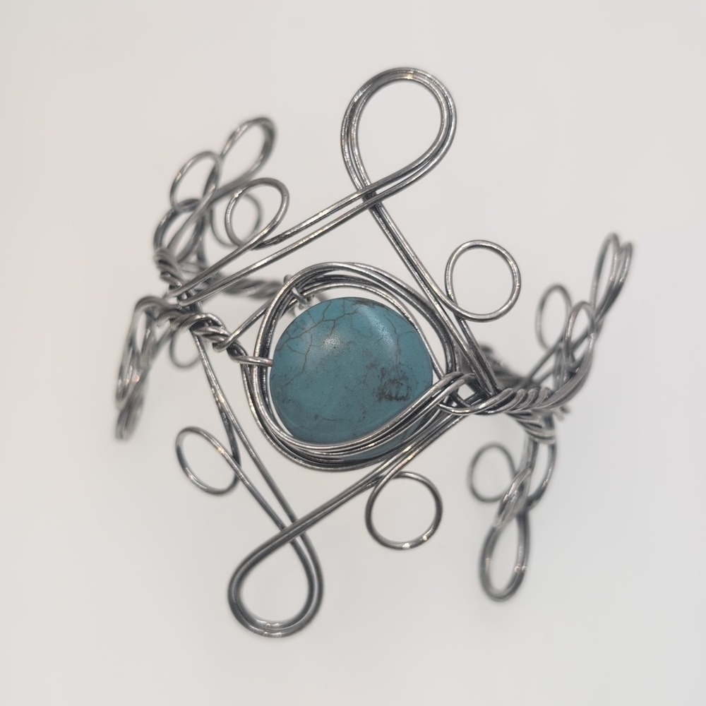Elegant Silver Wire Arm Or Wrist Bracelet with Blue Agate Stone Hand Crafted